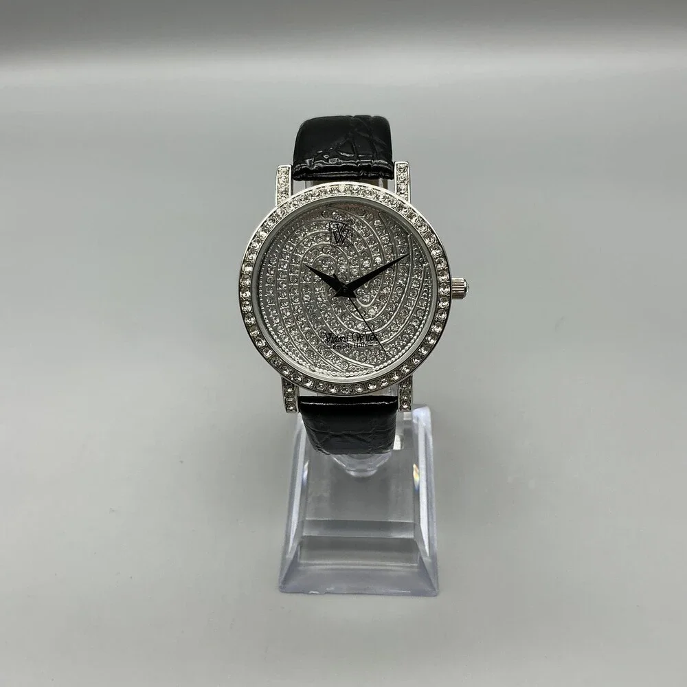 Victoria Wieck B9655 Womens Watch 38mm Silver Tone Crystals Leather New Battery